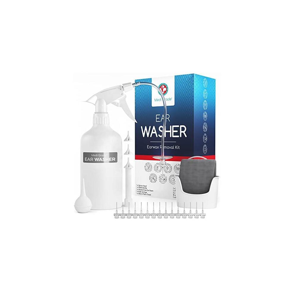 Medi Grade Ear Wax Removal Kit, 500ml Bottle - Ear Cleaner Ear Wax Remover with Ear Bulb Syringe, 2X Spray Nozzles. Control Cerumen with Our Reusable