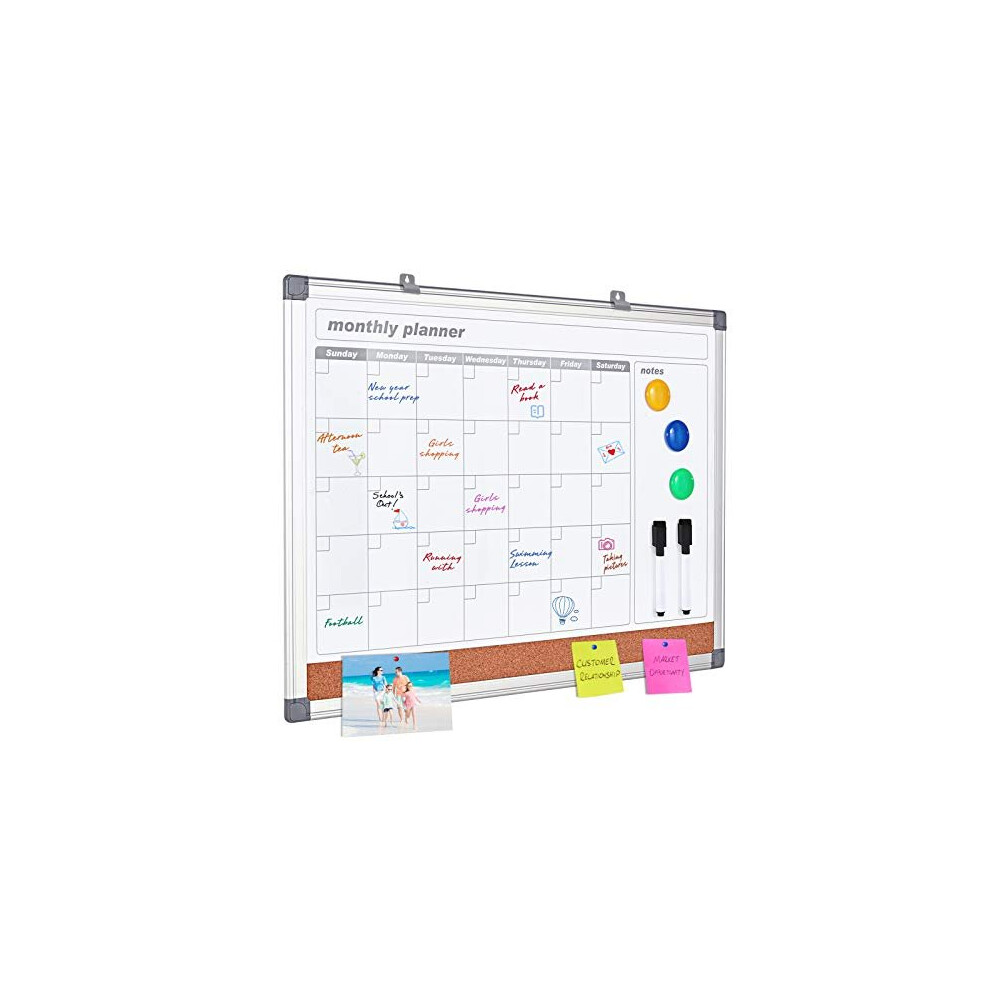 MAKELLO Monthly Calendar Whiteboard Dry Erase Cork Board Combo for Office, Classroom, Kitchen and Bedroom, 60x45cm