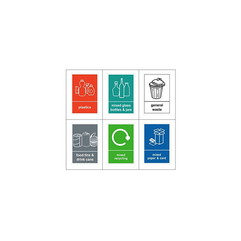 Mixed Pack of 6 Multi Recycling Bin Sticker-Self Adhesive with Waterproof Bin Labels/Food/Plastics/Mixed Paper & Card/Mixed Glass/General Waste 6