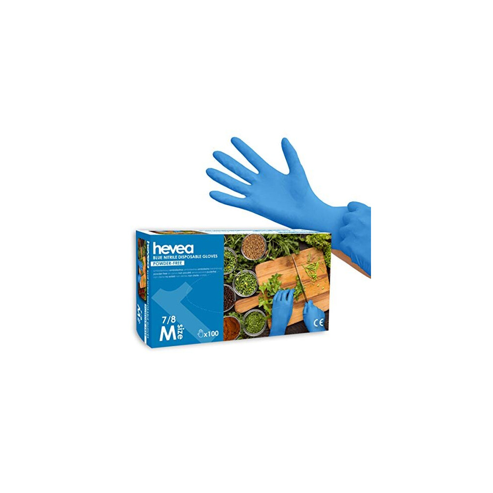 Hevea - Disposable nitrile gloves. Powder and latex free. 1 box of 100 gloves. Size: M (medium) Colour: blue