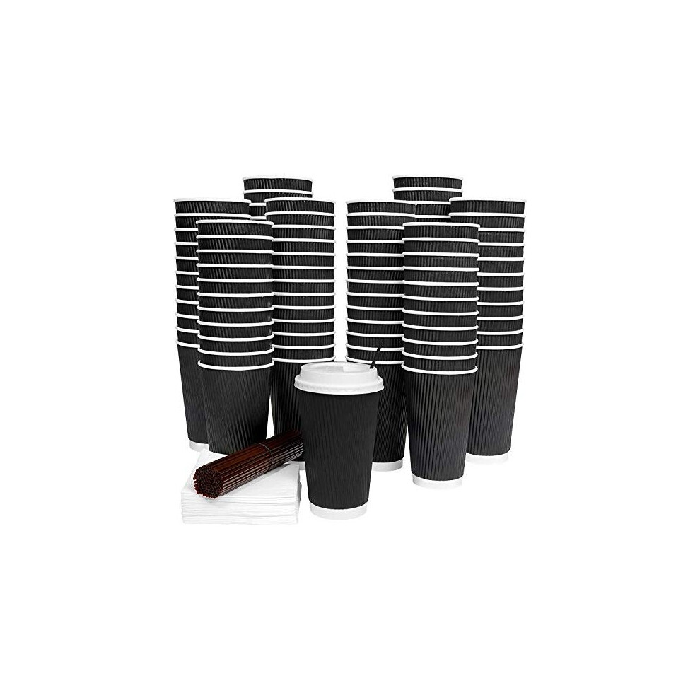 12oz Black Ripple Insulated Takeaway Paper Coffee Cups to Go with White Lids [12oz, 340ml, 100 Sets] + Wooden Stirrers for Serving Tea, Coffee: 100