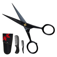 ONTAKI 5&quot Beard Moustache Scissors Professional German Steel 2 Comb Carrying Pouch Mustache Trimming - Hand Forged Bevel Edge Precision Men Facial
