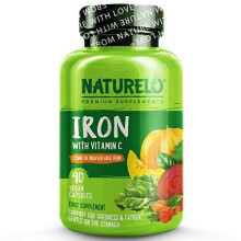 NATURELO Vegan Iron Supplement with Whole Food Vitamin C - Best Natural Iron Pills for Women & Men w/Iron Deficiency Including Pregnancy, Anemia and