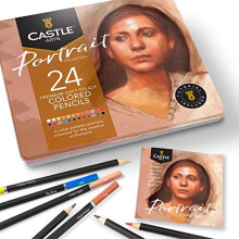 Castle Arts Themed 24 Coloured Pencil Set in Tin Box, perfect colours for ‘Portraits'. Featuring, smooth coloured cores, blending & layering -
