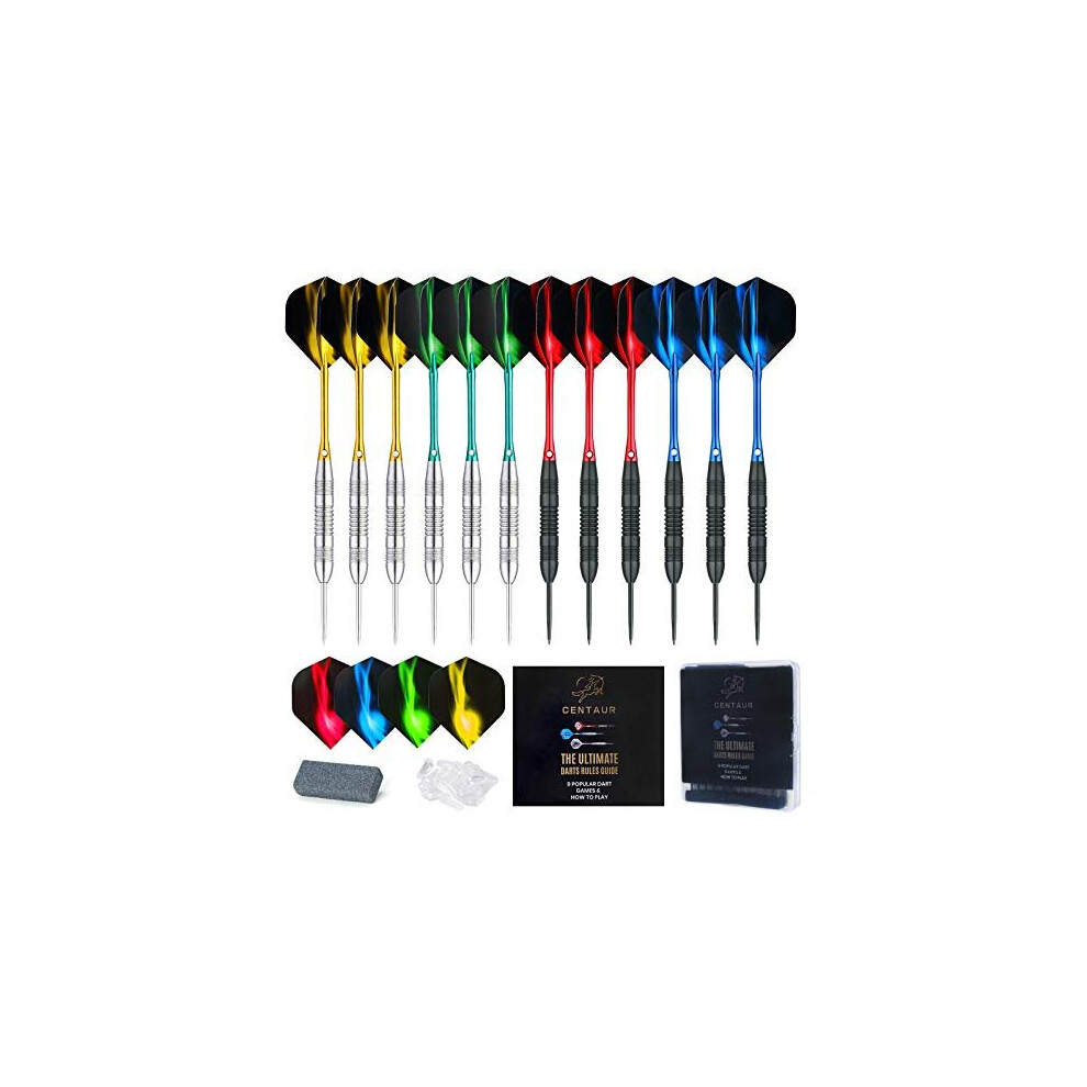 CENTAUR 12 Pack Steel Tip Darts, Professional 22 Grams Metal Dart Set with 4 Color Premium Aluminum Shafts and 4 Style PET Flights and Dart Case,