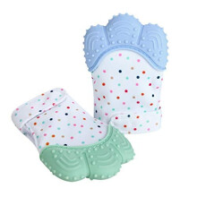 PandaEar Soothing Teething Mitten 2 Pack Pain Relief Protection Glove Stimulating Teether 0-12 Months (Blue Green)