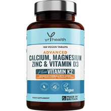 Calcium, Magnesium, Zinc and Vitamin D Plus Vitamin K2 MK-7 Tablets - Osteo Supplement - Vegan Tablets not Capsules 180 Count - Made in The UK by