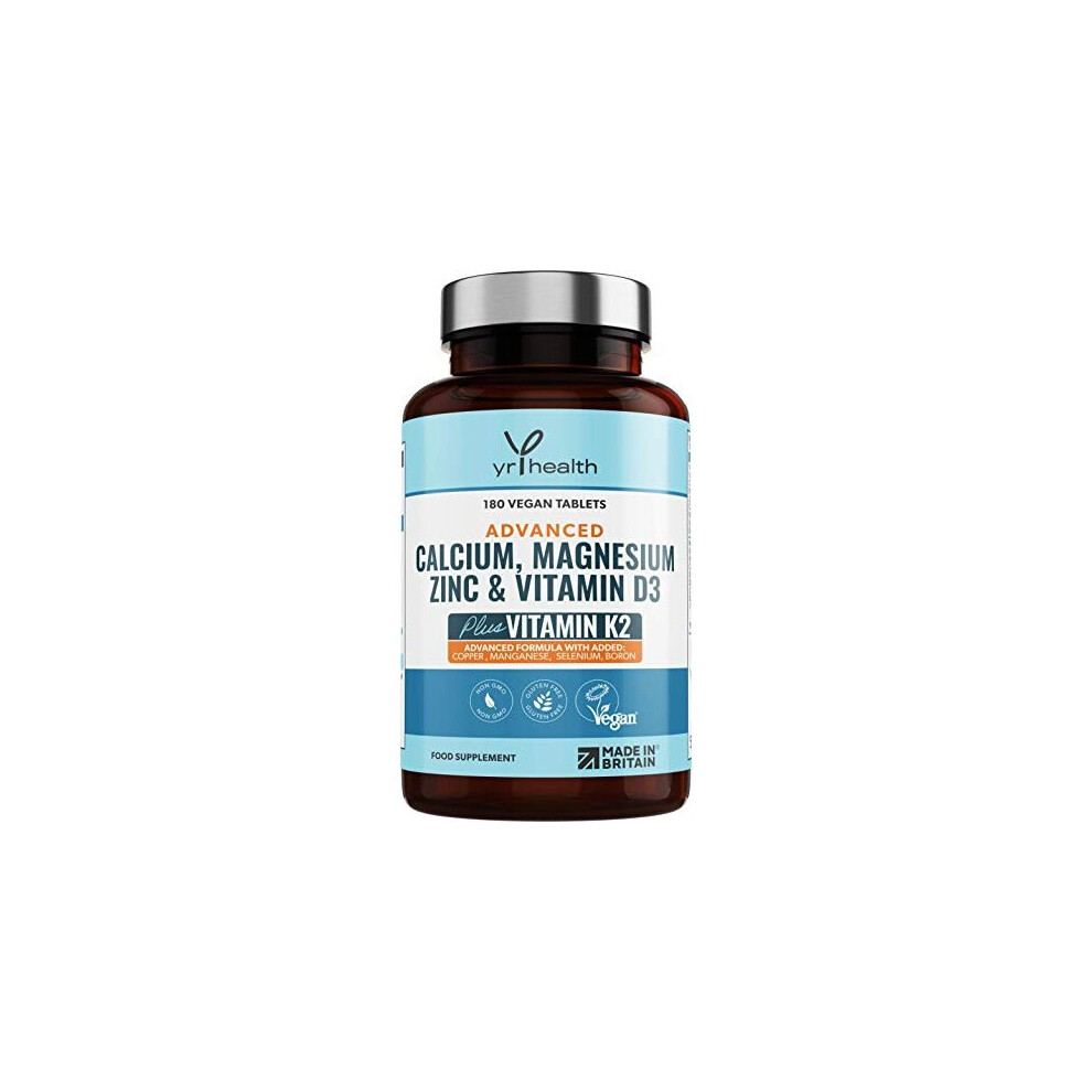 Calcium, Magnesium, Zinc and Vitamin D Plus Vitamin K2 MK-7 Tablets - Osteo Supplement - Vegan Tablets not Capsules 180 Count - Made in The UK by