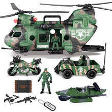JOYIN 10-in-1 Jumbo Military Transport Helicopter Toy Set Including Helicopter with Realistic Light & Sound, Military Truck, Kayak boat, Motorcycle,