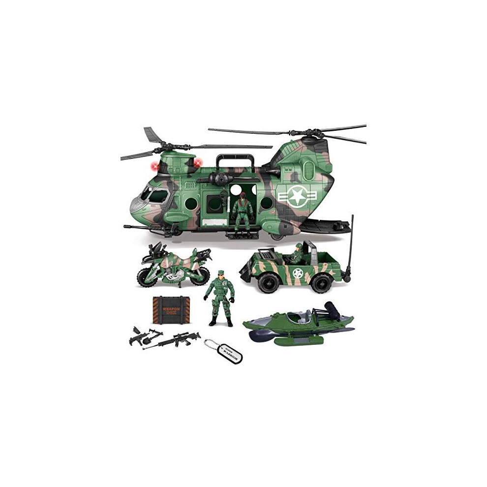 JOYIN 10-in-1 Jumbo Military Transport Helicopter Toy Set Including Helicopter with Realistic Light & Sound, Military Truck, Kayak boat, Motorcycle,