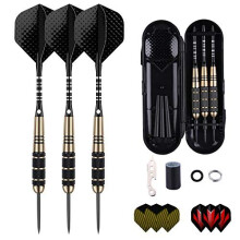 Sanfeng Professional 24g Steel Tip Darts Set (3 Darts) - Brass Barrels, Black Aluminum Shafts, 9 Flights, 50 O-Rings, Tool & Sharpener, Case