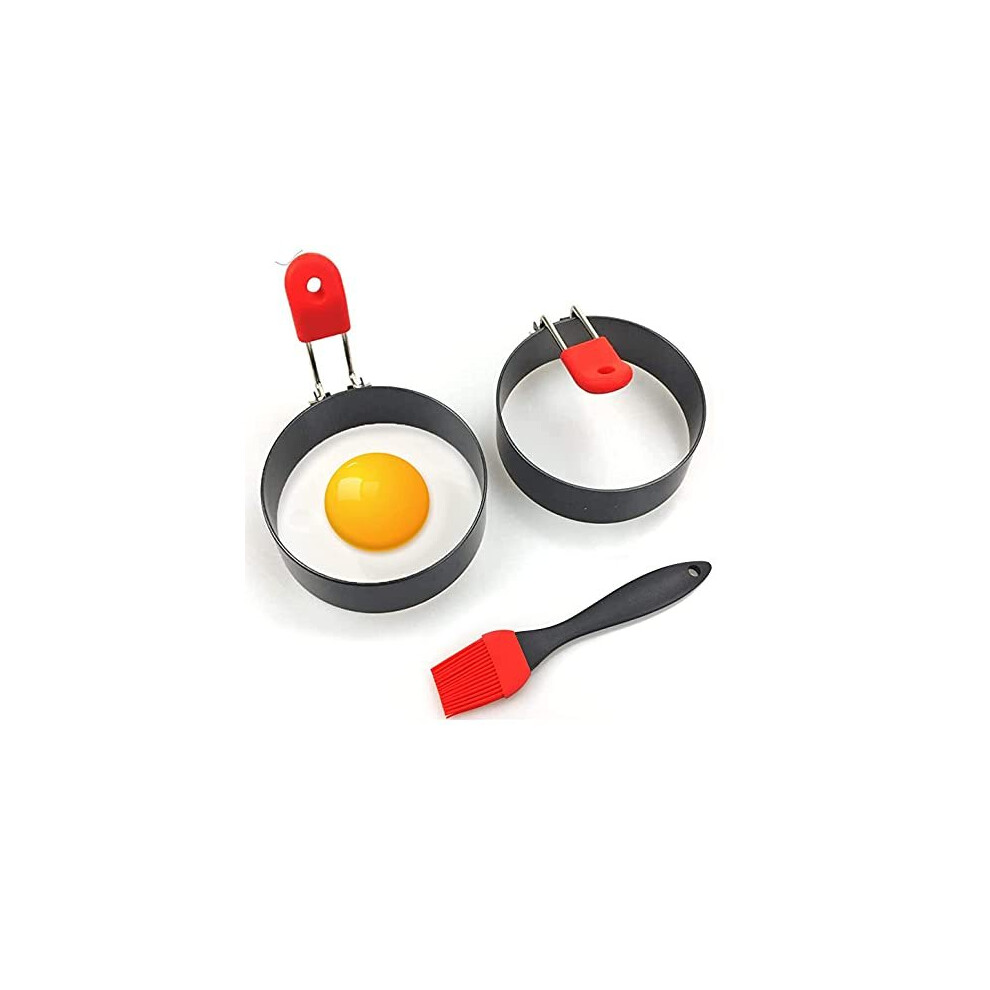 Egg Ring 2-Pack Stainless Steel Egg Rings with Anti-Scald Folding Handle with an Oil Brush Non Stick Coating Suitable for Egg