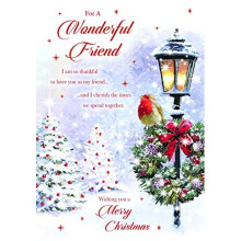 Wonderful Friend Christmas Card-Write From the Heart Range - Robin on Wreath - Foil & Flitter Finish