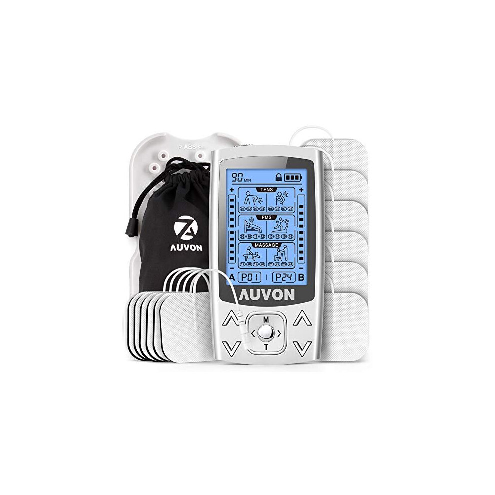 AUVON Dual Channel TENS EMS Machine for Pain Relief, 24 Modes TENS Unit Muscle Stimulator with 12pcs 2"x2" TENS Electrode Pads