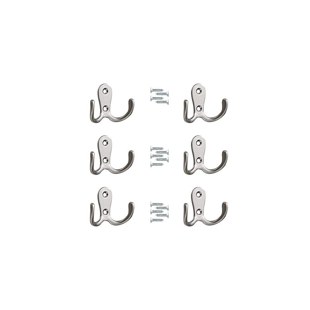 6 PCS Dual Coat Hooks, Double Prong Robe Hooks Chrome Coat Hooks Double Door Hooks Wall Mounted Sliver Clothes Hooks Metal Coat Hangers with 24 Screws