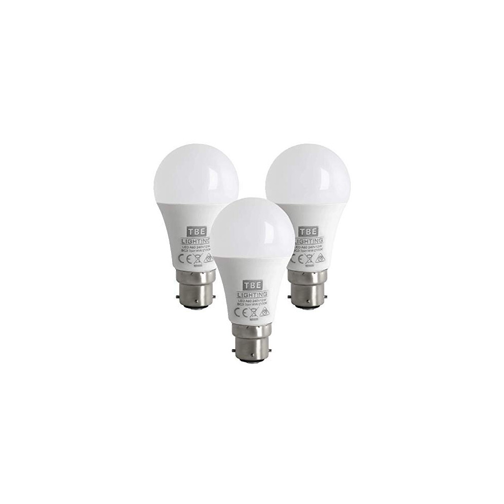TBE Lighting BC3 3 PIN LED Bulbs - 3 Pack - 12w Non-DIMMABLE Energy Saving LED A60 Bulb - Warm White 2700K, 1100 Lumen Output, 20,000Hrs Life