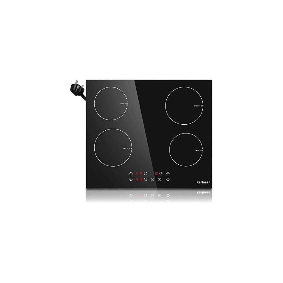 Karinear Plug In Induction Hob, 4 Zones Electric Hob 60cm, With Touch Control & Child Safety Lock, Black Crystal Glass