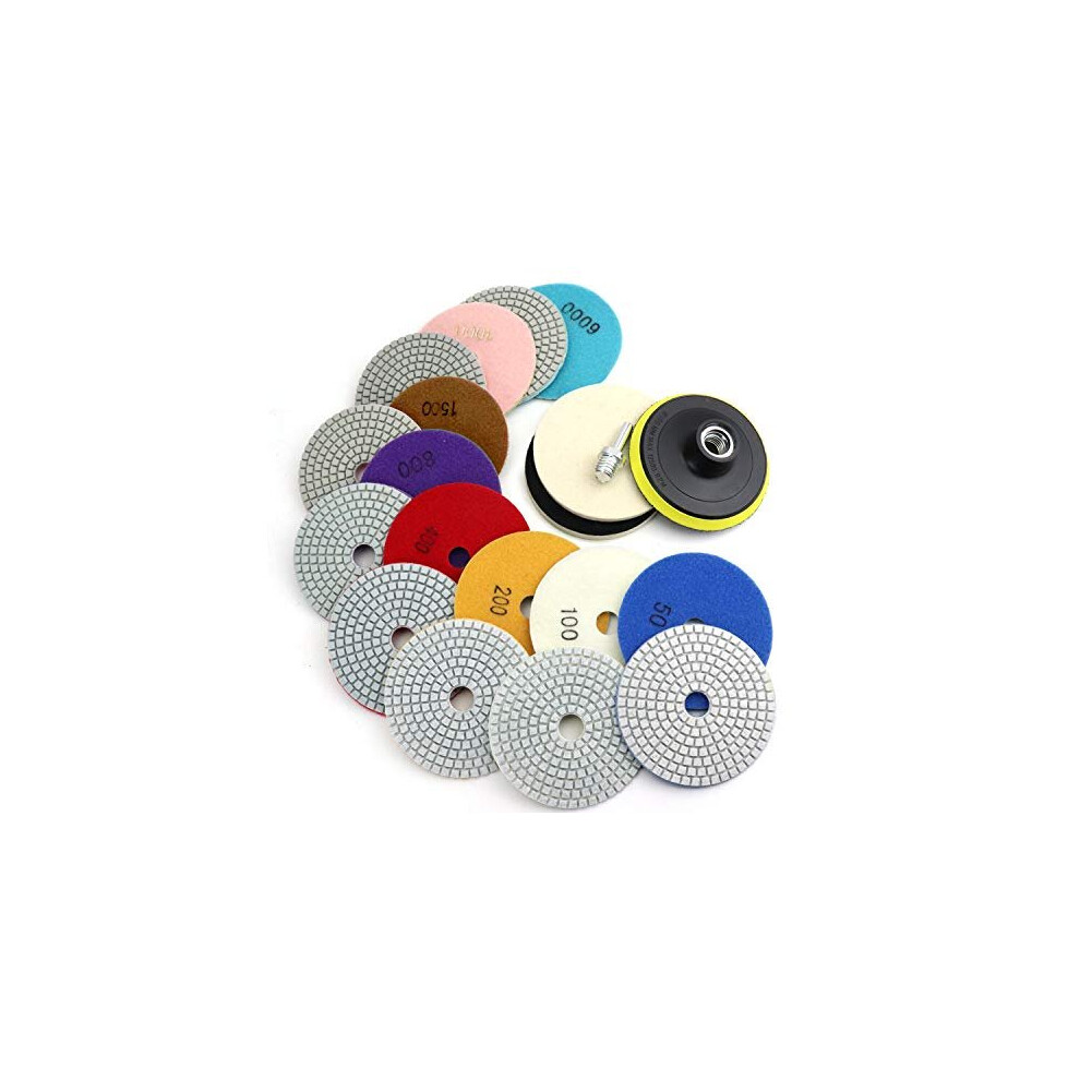 4 Inch Diamond Polishing Pads With 5/8''-11 Backer Pad, 12Pcs Wet/Dry Granite Stone Polish Pad Kit For Drill, Grinder, Polisher, 50-6000 Grit 086291791049
