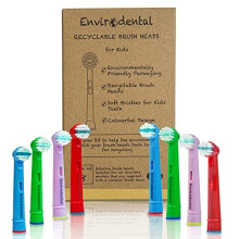 Eco Friendly Oral B Compatible Replacement Kids Toothbrush Heads by Envirodental - Fully Recyclable Colourful Pack of 8 Brushes - with Soft Bristles