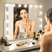HANSONG Hollywood Vanity Mirror with Lights 360 Degree Rotation Dressing Table Mirror with 15 LED Bulbs and 10X Magnification Touch Screen Large