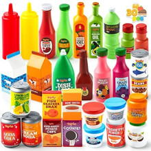 JOYIN 30Pcs Play Food Grocery Cans, Pretend Play Kitchen Accessories, Includes Drink, Juice, Jar, Seasoning, Water Bottle, Sauce, Yogurt, Ice Cream,