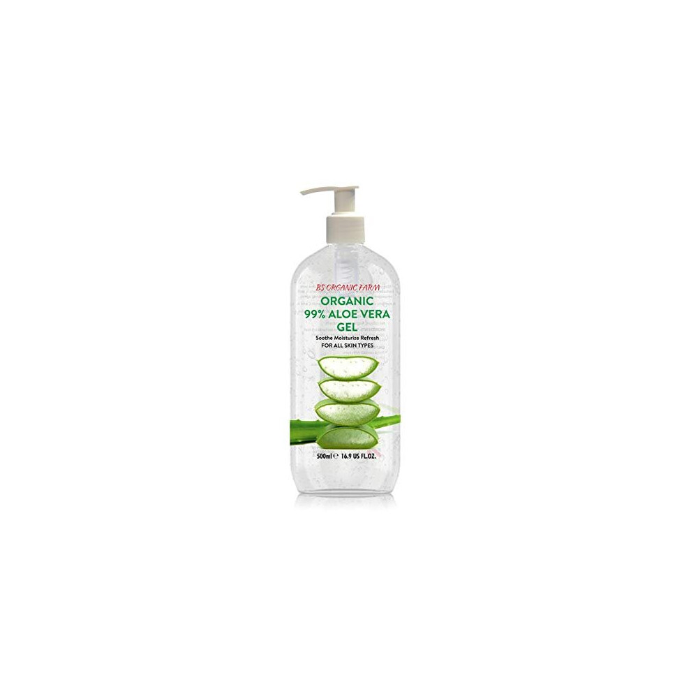 Organic Aloe Vera Gel Clear 99% Pure for all skin types, Moisturizer, Rich in Vitamins, Vegan, Large 500ml pump bottle, Premium quality, Made in UK