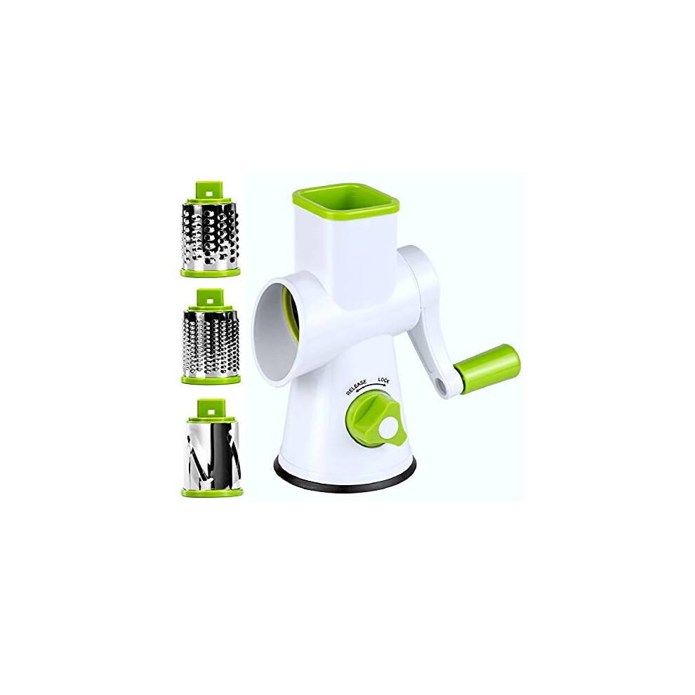 Rotary Cheese Grater - Round Vegetable Mandoline Slicer with 3 Drum Stainless Steel Blades, Dishwasher Safe, Super Vacuum Suction Base (Green)
