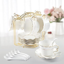 DUJUST Theekopjes en schoteltjes met gouden rand Set van 6 (8,5 OZ) Luxe hoogdruk koffiekopjes met metalen standaard Britse koninklijke porseleinen t