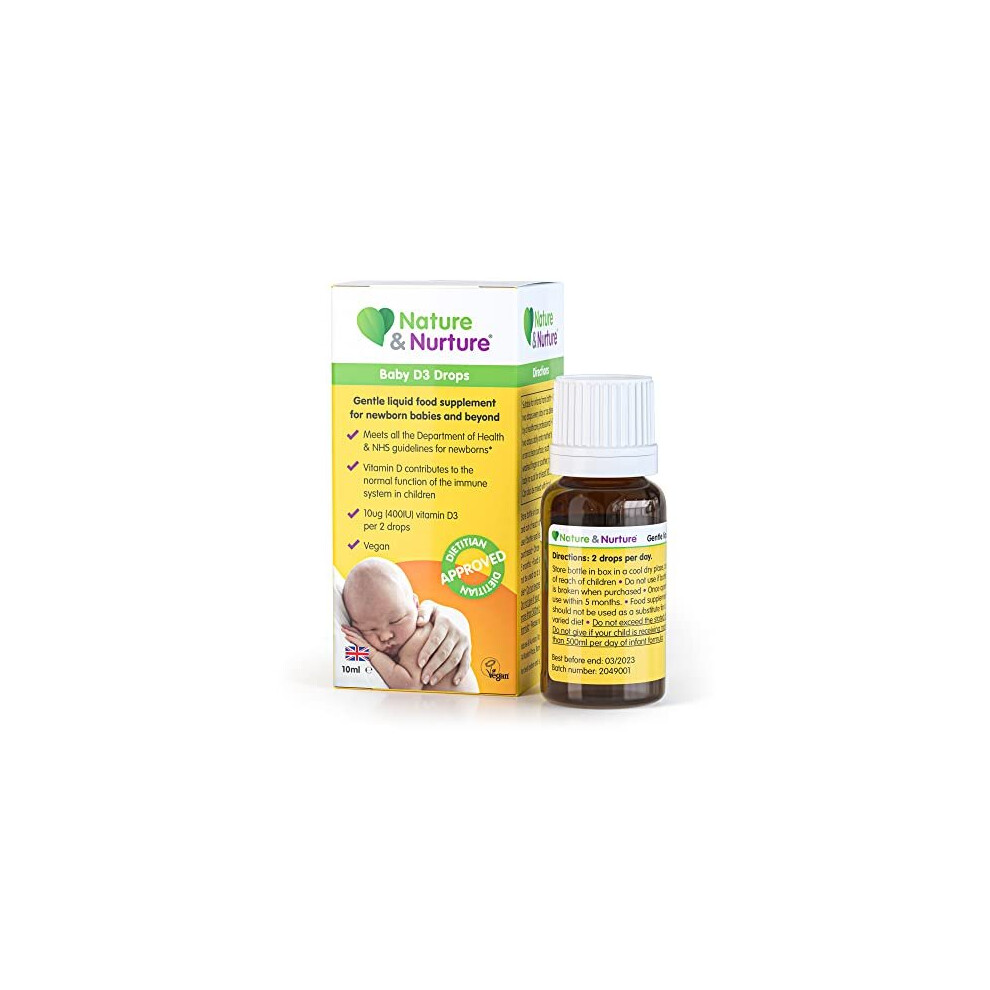 Baby D3 Drops | REDUCED TO CLEAR - B.B.E 31.03.23 | Nature & Nurture Baby Vitamin D Drops | Vegan | 100% Natural | For Newborn Babies & Beyond |10 Âµg