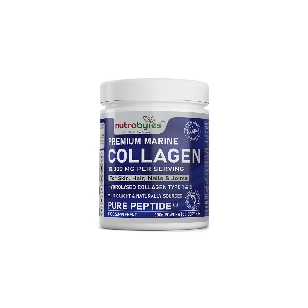 Nutrabytes Marine Collagen Powder 10000Mg Type 1 & 3 Unflavoured| Wild Caught Fish Hydrolysed Protein Peptides For Women & Men 19 Amino Acids| Kosher And Halal