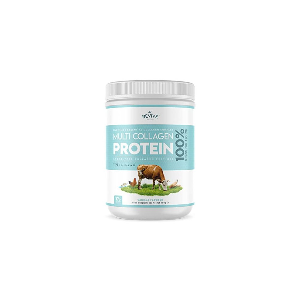 Revive Naturals Vanilla Multi Collagen Protein Powder - 400G - Unsweetened - 5 Types Of Collagen Peptides - Hydrolysed Grass Fed Bovine, Wild Caught Marine &