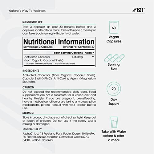 Activated Coconut Charcoal 1000mg Made from Organic Thai Coconut Shells for Bloating & Gas