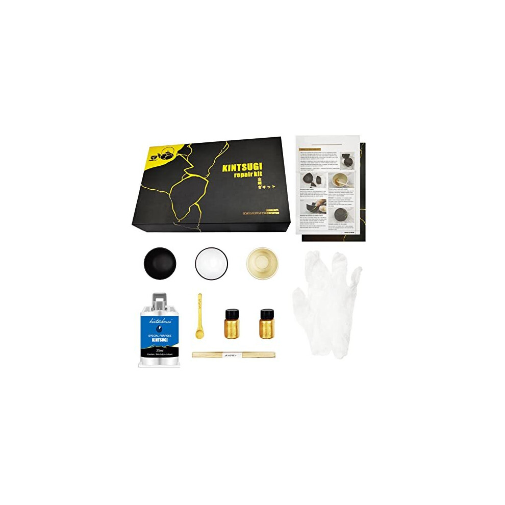 Kintsugi Repair Kit, Repair Your Meaningful Pottery with Gold Power & Glue - Comes with Two Practice Ceramic Cups for Beginner(Royal Gold)