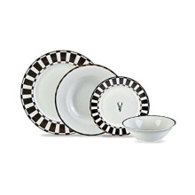 Karaca Aries Black 24 Piece Dinner Set for 6 People, Stylish, Elegant, Black White Borders, Gold and Silver Accents, Dinner Set Porcelain