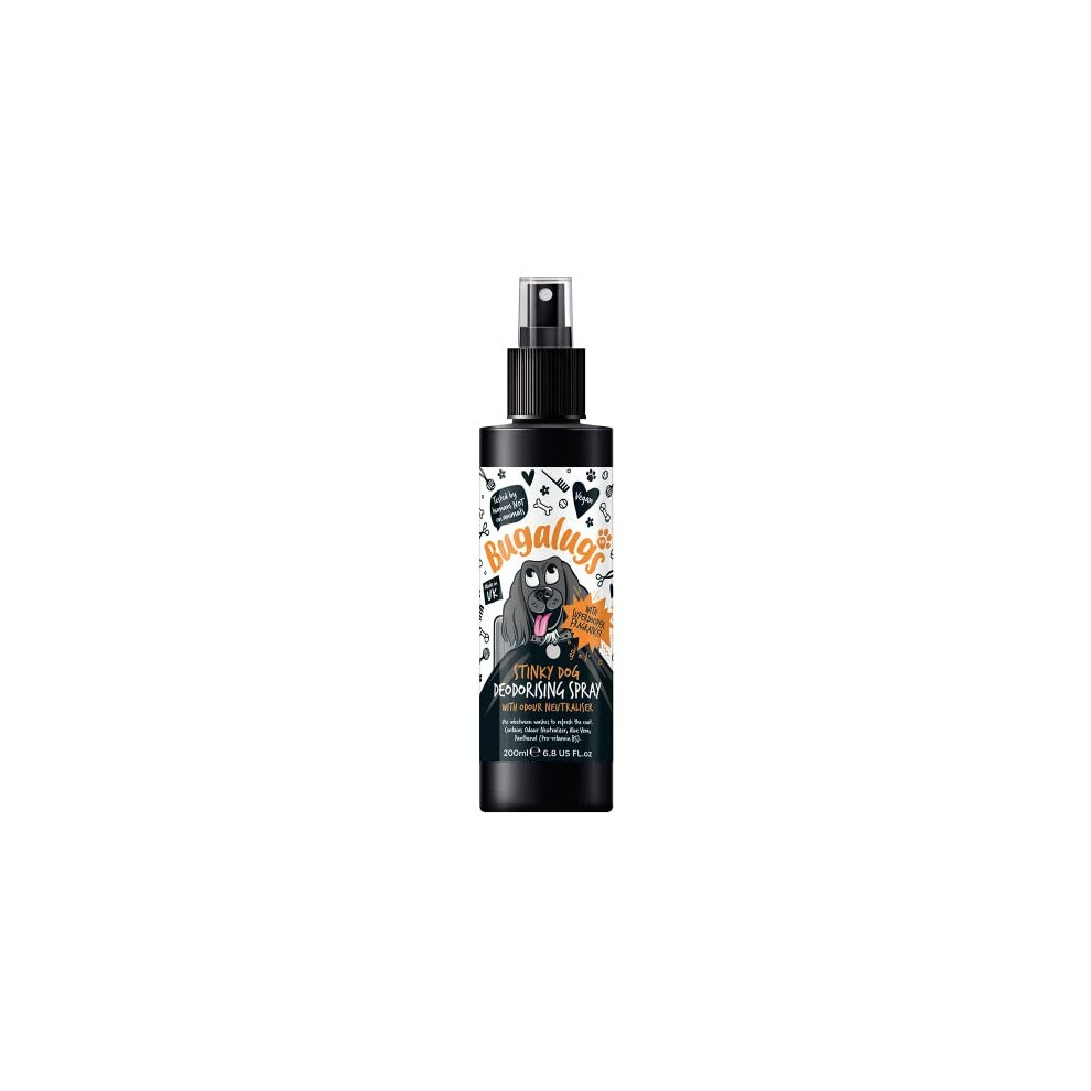 BUGALUGS Stinky Dog deodorant deodorising spray dog perfume spray with odour neutraliser - vegan dog cologne dog grooming pet odour eliminator fox poo
