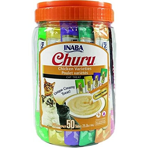 Churu by INABA Cat Treat - Variety Bucket (50 x 14g) / Chicken Flavour, Soft & Creamy Cat Treat, Delicious & Healthy Snack for Cats, Hand Feeding,
