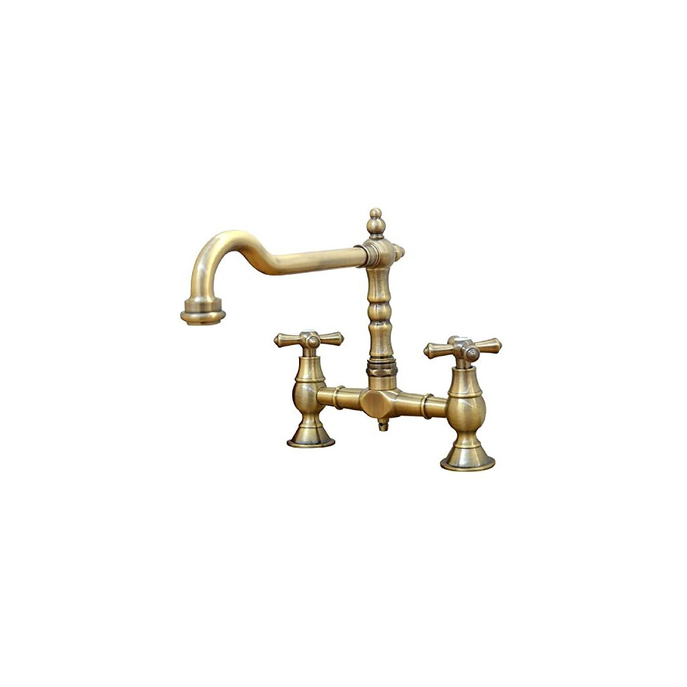 Enki, Langley, Kt116, Antique Bronze, Traditional Bridge Kitchen Sink Mixer Tap For Basin, Brass Construction, With Twin Levers & Swivel Spout Perfect 5056487003527