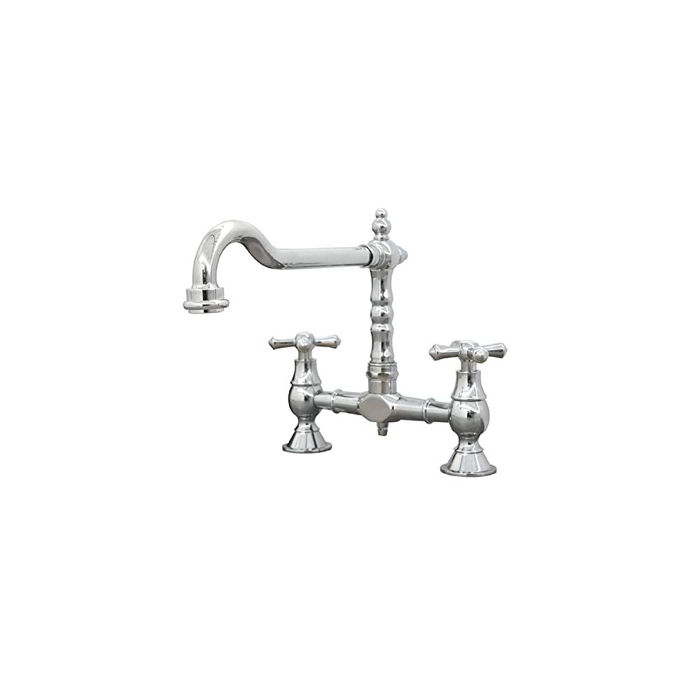 Enki, Langley, Kt113, Chrome, Traditional Bridge Kitchen Sink Mixer Tap For Basin, Brass Construction, With Twin Levers & Swivel Spout Perfect For 5056487003497