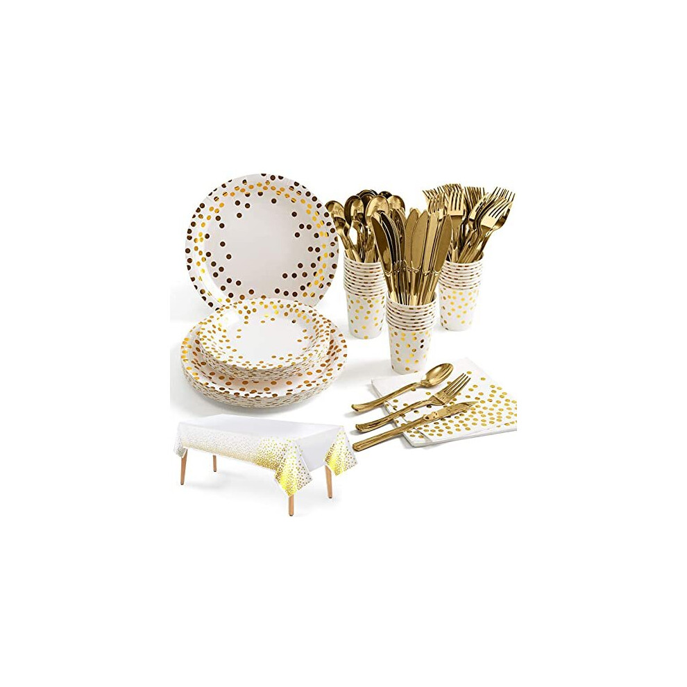 Nkaiso Party Tableware White Gold 141 Pieces Paper Tableware Set Includes Paper Plates Napkins Paper Cups Tableware, for Wedding Shower, Engagement,