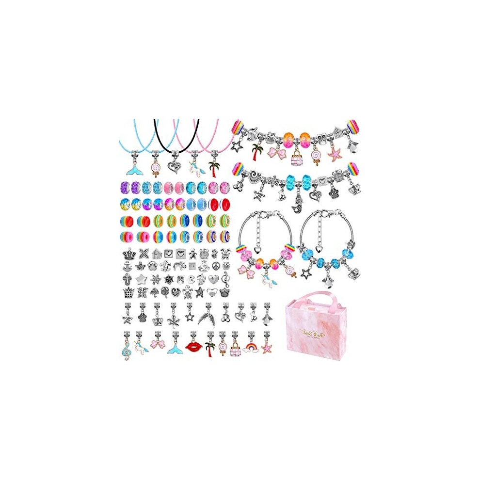 Caffox 102 Pcs Charms Bracelet Making Kit, Necklace kit for Jewellery Making, DIY Girls Jewellery with Flat Beads, Arts and Crafts Sets as Bracelets