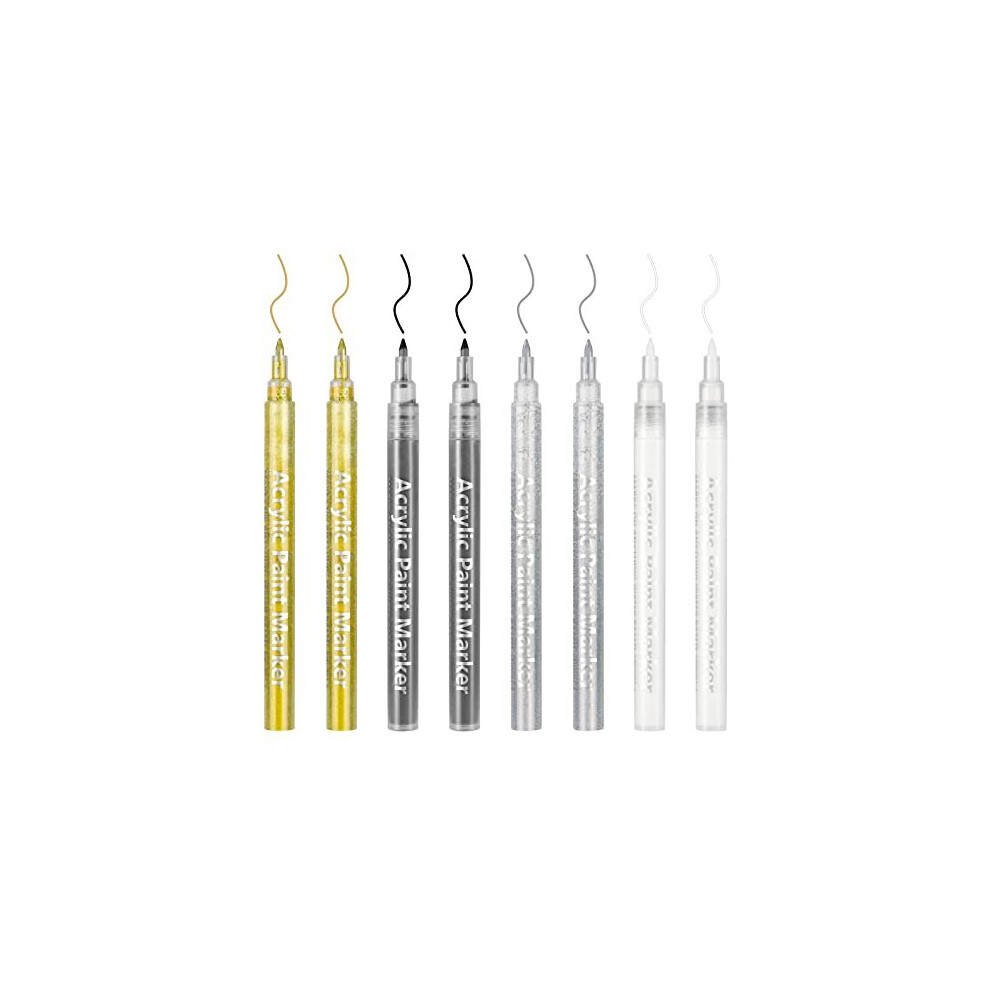 DONQL 8Pcs Acrylic Paint Pen 0.7mm Metallic Permanent Acrylic Markers Set Gold Silver White Gray Glass Glitter Paint Pens for Fabric Glass Rock Wooden