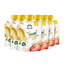 Amazon Brand - Mama Bear Fruit and Cereal Pouch Organic Apple and Banana Puree with Organic Apple Juice and Organic Oat Flour, 6 x 90g