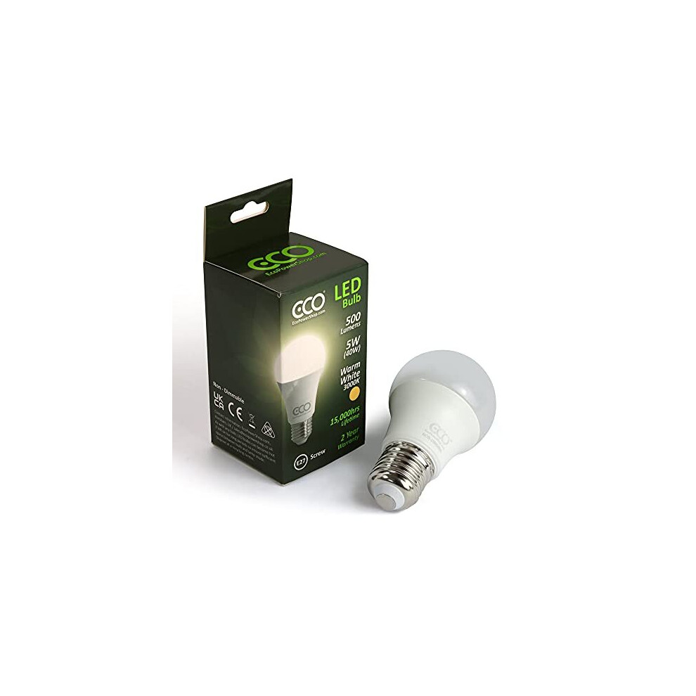 ECO 40W E27 Edison Screw Energy Saving LED Light Bulb, Low Energy 5W LED, 500 Lumens, Warm White 3000K, 15,000Hrs Lifetime. 1x Pack.