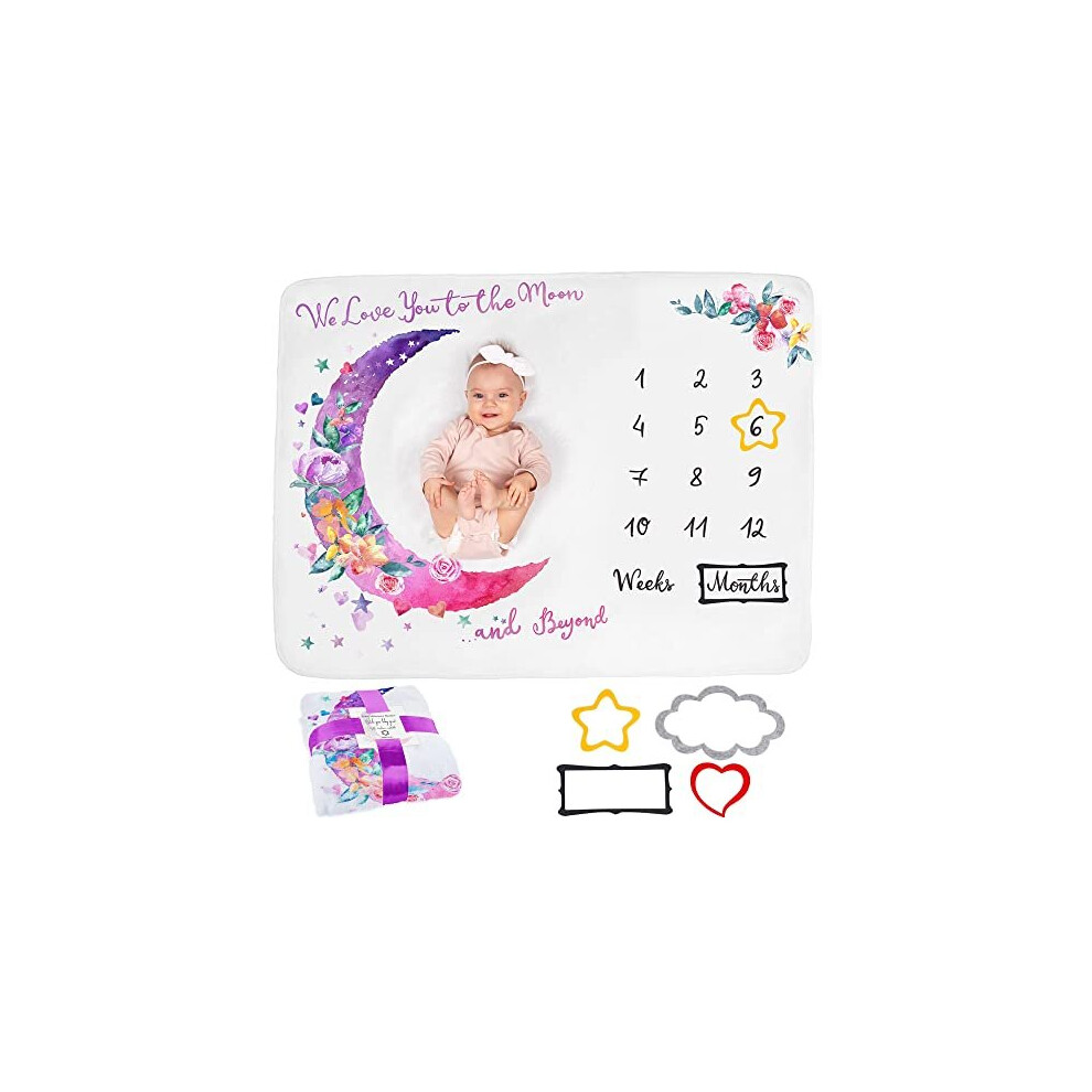 Odoxia Baby Milestone Blanket | Monthly Photo Mat For Newborn Boy Or Girl, Unisex | Moon & Flowers | Personalised Baby Shower Present For New Mums | Age Mat