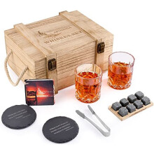 Whiskey Glasses and Stones Set Gift for Men Husband Dad Special Gifts - 8 Whisky Granite Chilling Rocks- 2 Glasses 10 oz - 2 Coasters - Tongs -