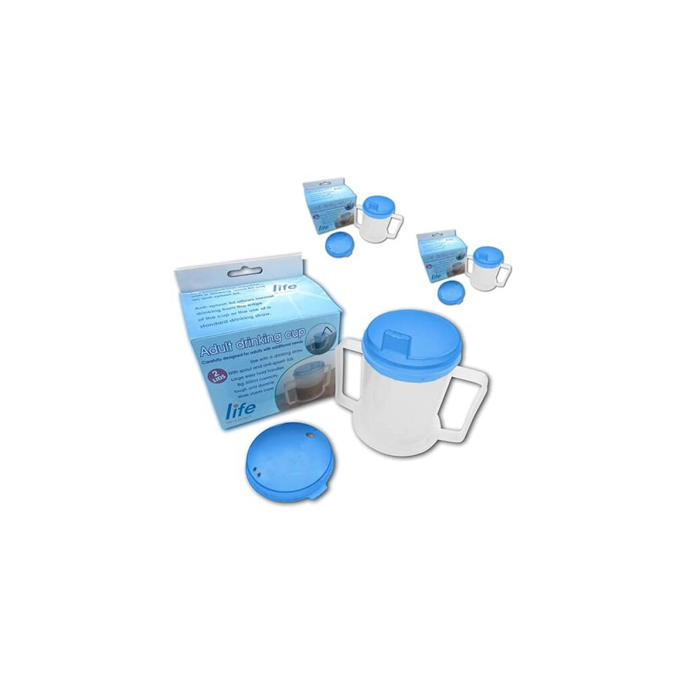 Life 3 Pack Healthcare Drinking Beaker Cup For Disabled Adults - Easy Grip Handles - Calibrated 300Ml