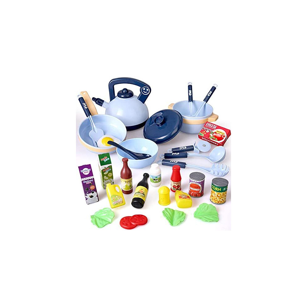 Veluoess 30 PCS Kids Kitchen Toy Pretend Cooking Set,Cookware Playset Food Toy with Pots,Pans,Cooking Utensils and Food Accessories,Pretend Play