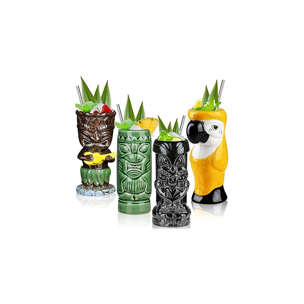 [Gift Set] Tiki Glasses for Cocktails Tiki Mugs Set of 4 Ceramic Tropical Cups Hawaiian Tiki Party Creative Cocktail Glass Drinks Large Bar Drinkware