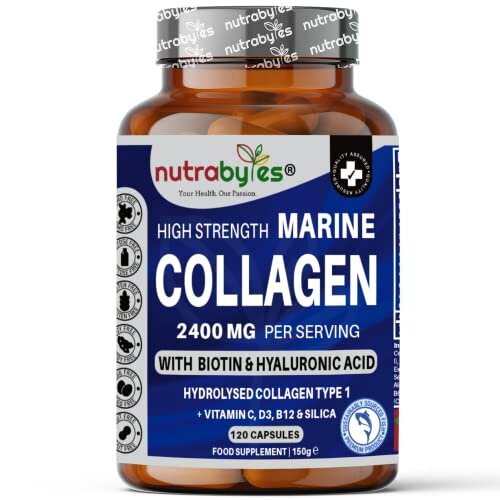 Marine Collagen 2400mg with Hyaluronic Acid 100mg, Biotin, Vitamin C, D3, B12 and Silica | 120 Capsules | High Strength Hydrolysed Marine Collagen |
