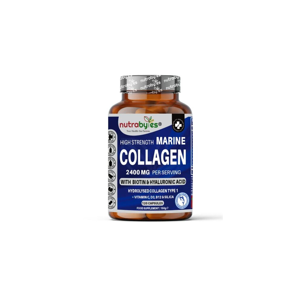 Marine Collagen 2400mg with Hyaluronic Acid 100mg, Biotin, Vitamin C, D3, B12 and Silica | 120 Capsules | High Strength Hydrolysed Marine Collagen |